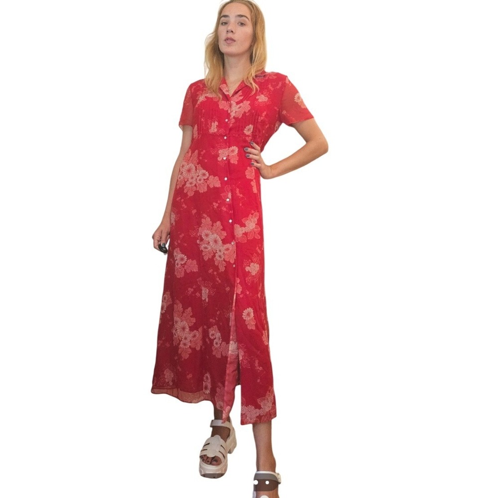 Plaza South Floral Maxi Dress Size 16 Red Cottagecore Button Front Short Sleeve